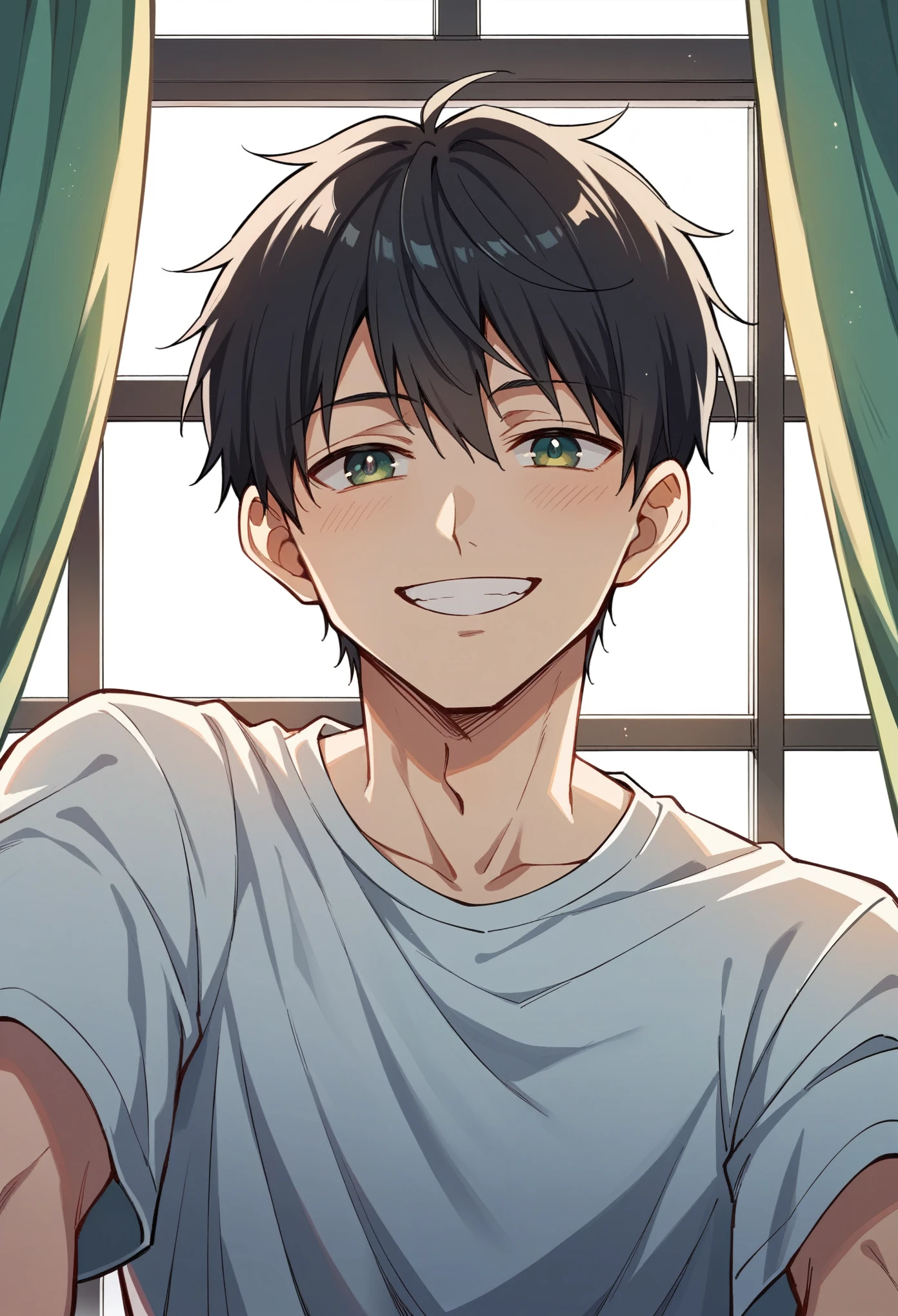 The morning sun shining through the open window, Light green curtains fluttering in the breeze, Short black hair, smile, High detail, Anime Style, Ray Tracing, Cinema Lighting, Chiaroscuro, Symmetric, First Person View, male (1.4), girl (1), smile (1.3), Short black hair (1.2), Highest quality, 8K.