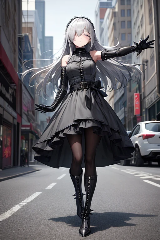 ((best quality)), ((masterpiece)), (detailed), 1 girl, Full body, 18 years old, Depressed face, Silver eyes, Arms outstretched, Arms behind waist, Metal covering her eyes, Blushing, Silver hair, Straight hair, Bangs, Lock of hair covering her eye, Full body, Medium breasts, Slim body, Metal spikes, Grey wristbands, Long black gloves with spikes, Grey goth outfit, Gothic ta, Grey dress with metal spikes, Metal emblem, Somewhat tight, Black belt, Metal legs, Black pantyhose, Black boots, Walking through the city, Metal coming out of the road, City background, Anime