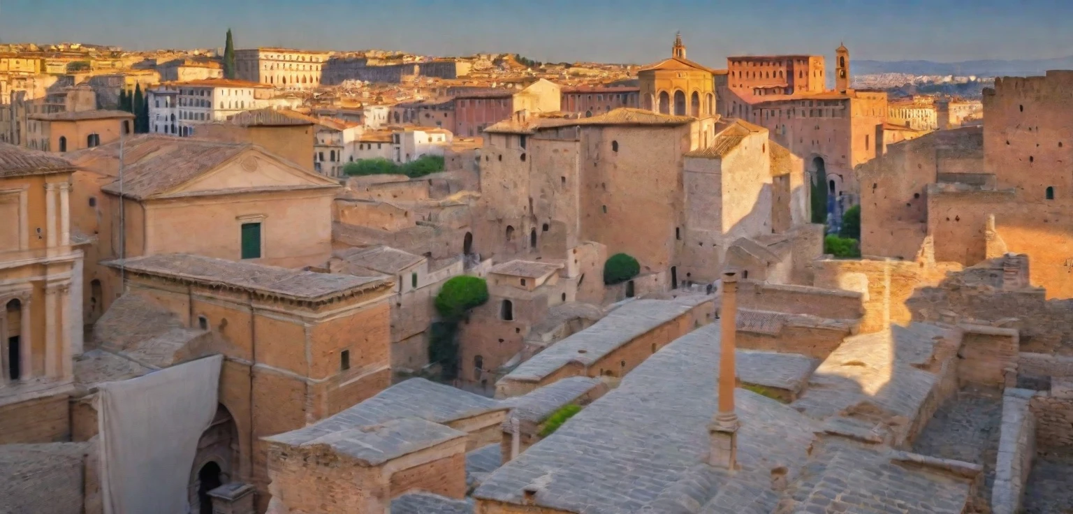 arafed view of a city with a lot of buildings and a clock tower, roman city, rome, ancient rome, rome in background, eternal city, roma, roman monuments, ancient roman setting, rome backdrop, roman historic works, market in ancient rome, old roman style, colosseo, city ruins in the background, ancient roman style, view from slightly above