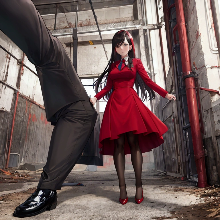 Woman wearing a red dress, black pantyhose, Kick the man in the suit, Abandoned Factory