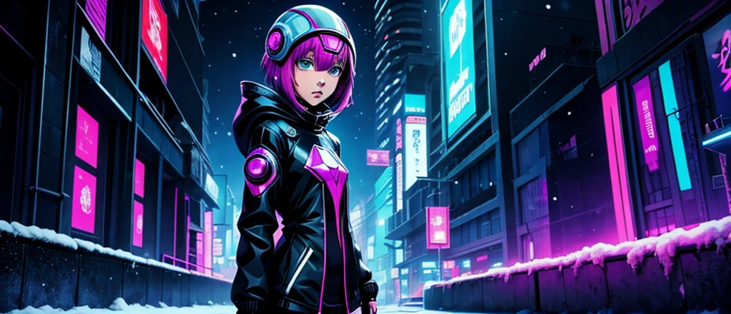 anime girl, front photo, Anime Phonk Brain Sick, cyberpunk black, head, winter clothes, futurist, Vibrant, mysterio