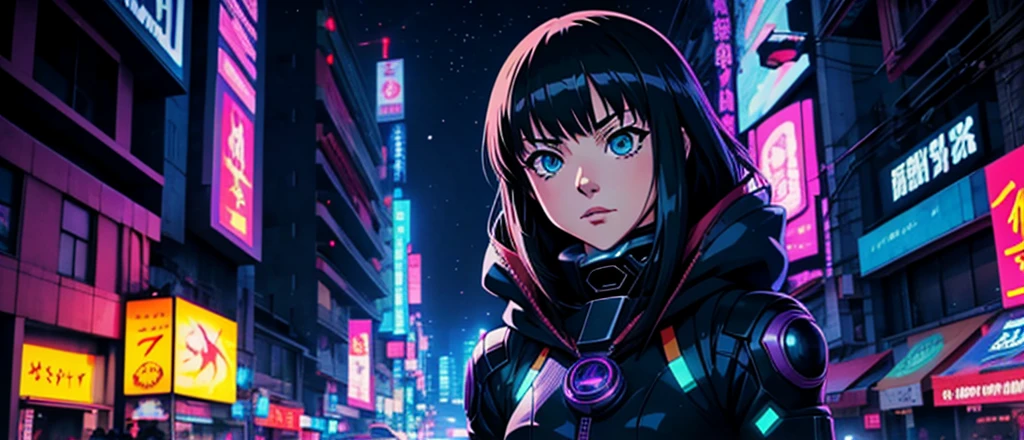 anime girl, front photo, Anime Phonk Brain Sick, cyberpunk black, head, winter clothes, futurist, Vibrant, mysterio