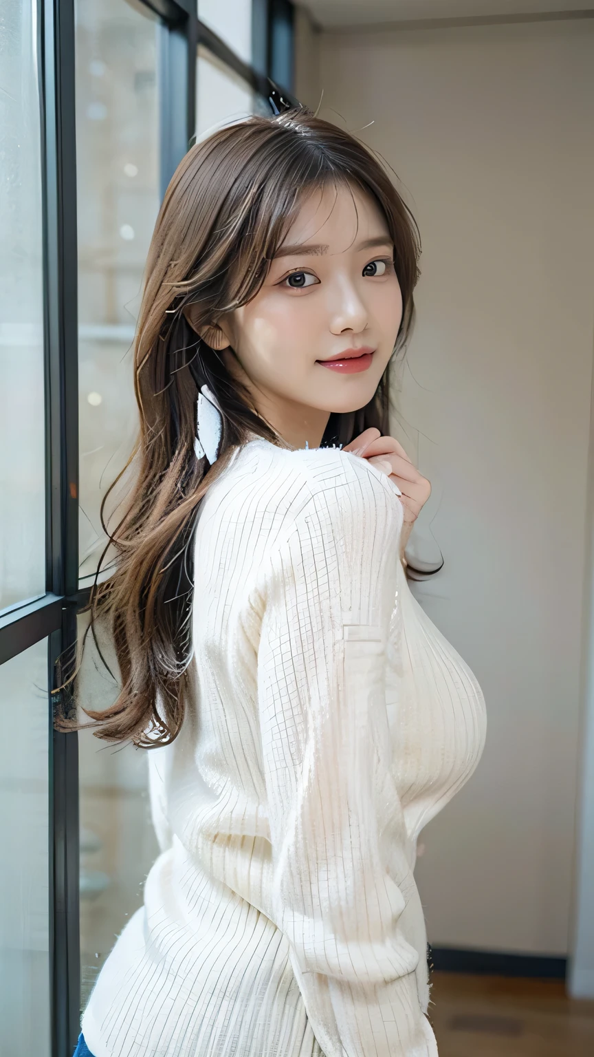 (8K、Raw photo、Highest quality、masterpiece:1.2)、(Realistic、Realistic:1.37)、Ultra-high resolution、One Girl、cute、alone, Browsing Caution，Highest quality，masterpiece，8K，Droopy eyes，Big Breasts，Beautiful breasts, Model Shooting Locations, Wearing a white knit, Inside the room, smile, Highly detailed face, Highly detailed lips, double eyelid, Exquisite detail and subtle sparkle, Photograph her in poses that reflect both grace and confidence, Enhance visual effects with cinema lighting. Use modern 2D designs for your backgrounds, Create beautifully, Balanced composition. Enhance the scene with elements such as depth of field, bloom effect, And a touch of sparkle, Adds a dreamy texture to the entire image. Pay close attention to detail