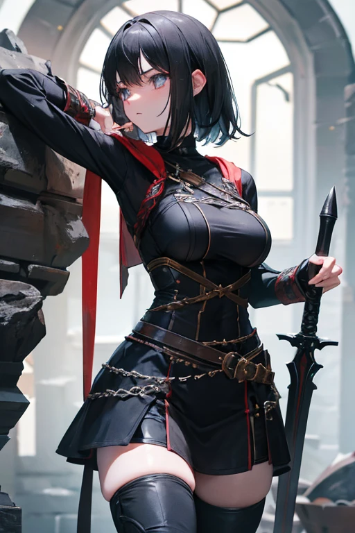 A black-haired girl wields the Heavy Thrusting Swords from within the Elden Ring in a reverse grip.