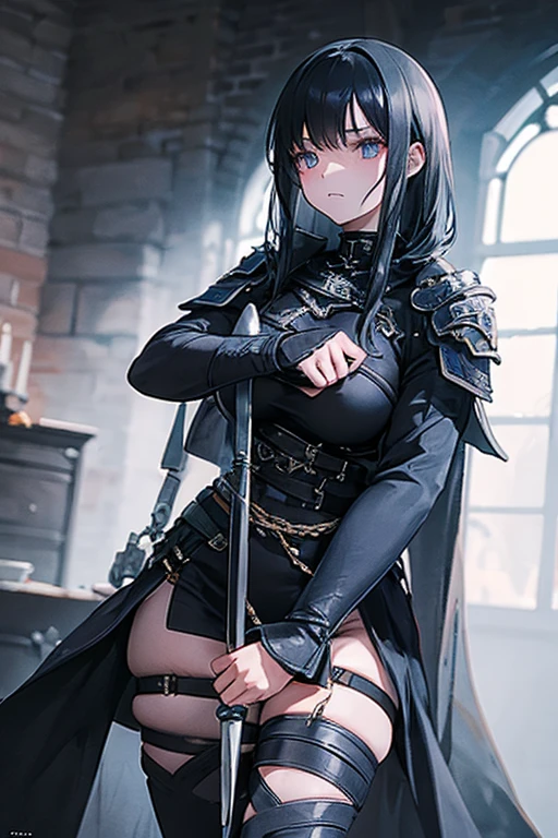 A black-haired girl wields the Heavy Thrusting Swords from within the Elden Ring in a reverse grip.