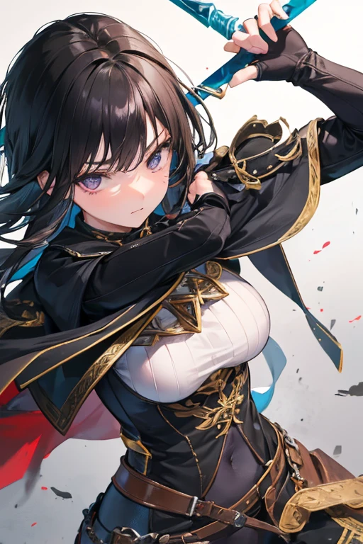A black-haired girl wields the Heavy Thrusting Swords from within the Elden Ring in a reverse grip.