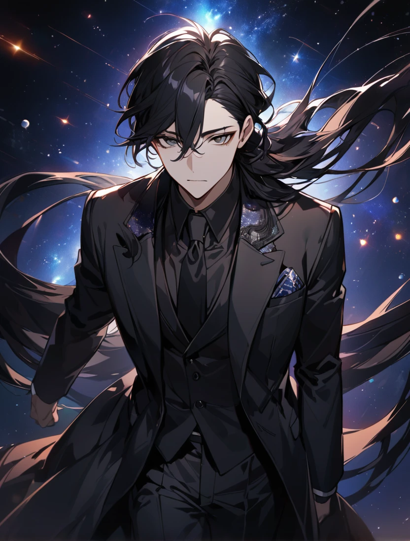 (black_hair), (long_male_hair), (deep_black_eyes), (high_detailed_eyes), (attractive), (emotionless), (Deep_space_background), (male), (wearing _a_black_suit), (long_male_hair), (detailed_Hair), (detailed), (detailed_mouth), (vertical_slit_pupils)