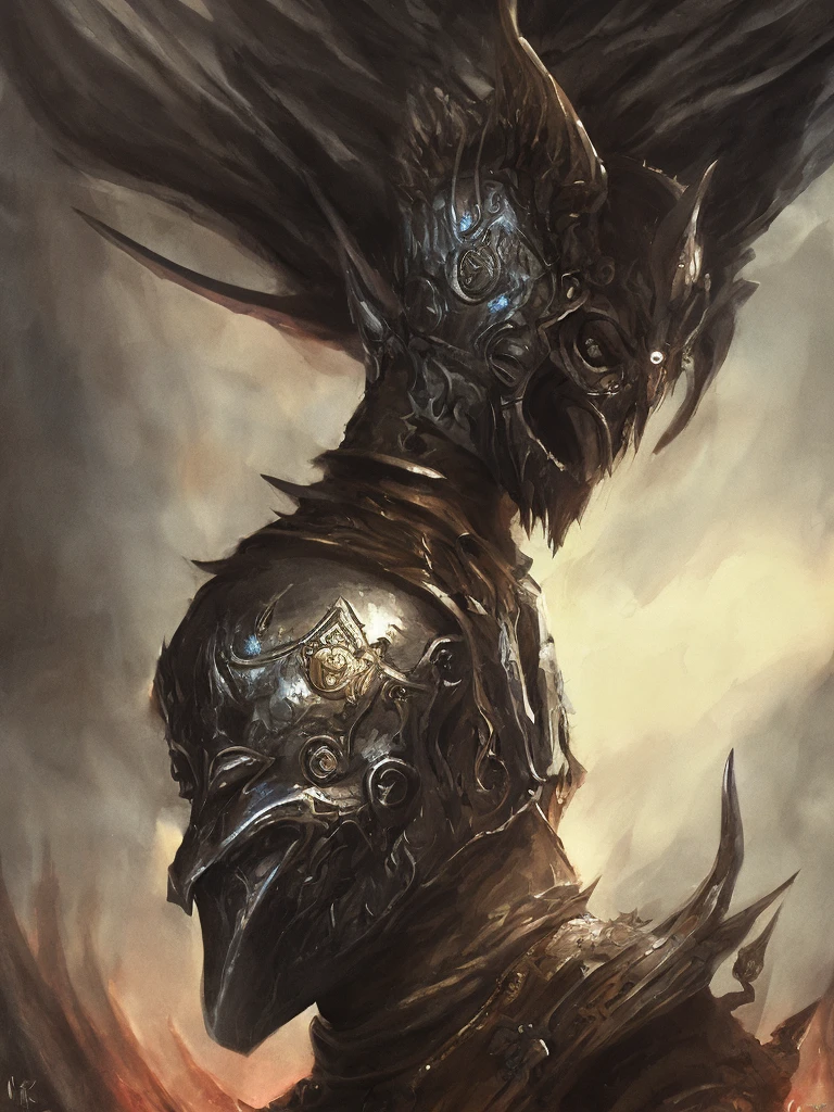 Close-up of a handsome but creepy knight from hell, wearing intricate dark armor, horror concept art, dark fairytale atmosphere, Johan Grenier style, Alyssa Monks style