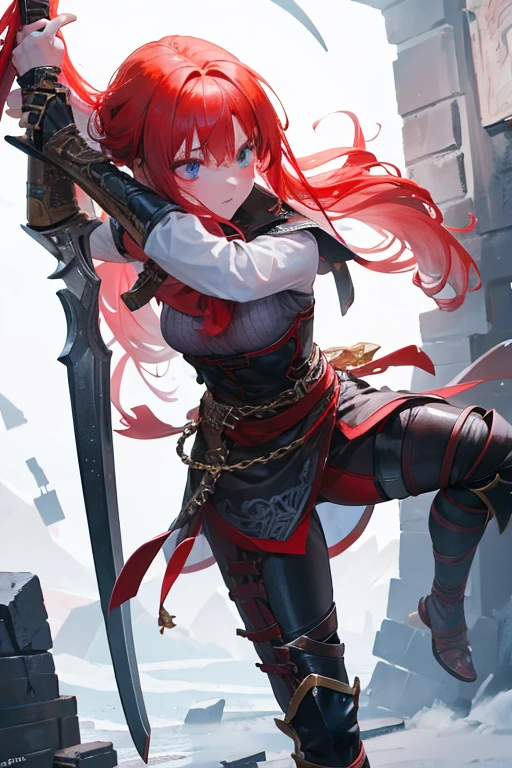 A red-haired girl wields the Heavy Thrusting Swords from within the Elden Ring in a reverse grip.