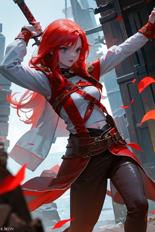 A red-haired girl wields the Heavy Thrusting Swords from within the Elden Ring in a reverse grip.