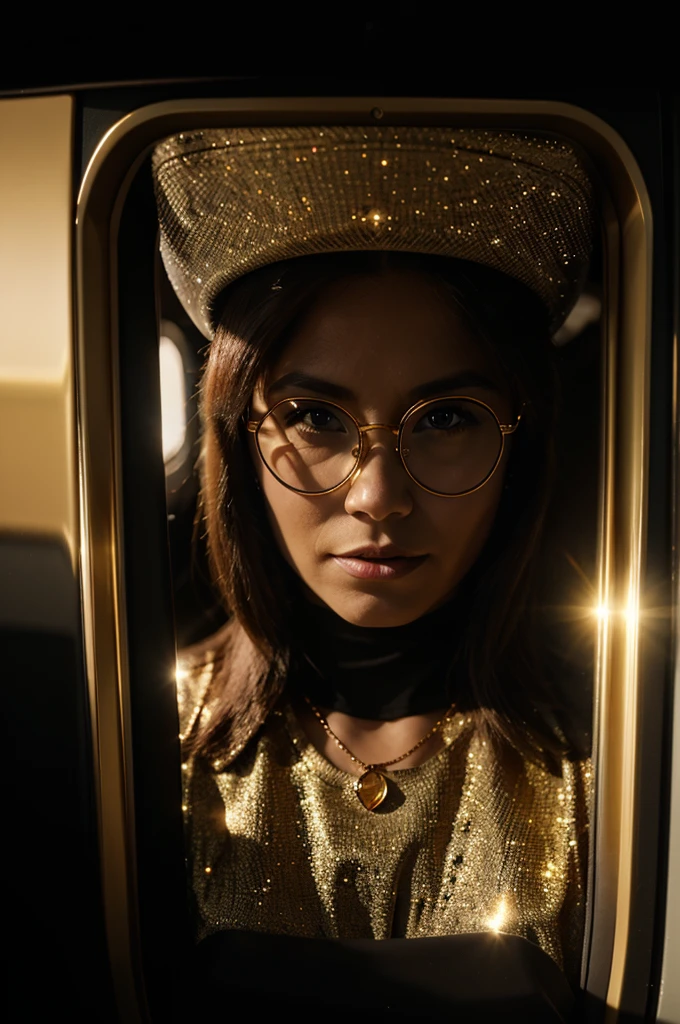 Tesla truck with gold diamonds glasses , 4:3, photo 12k resolution hash flash lighting, shot on ALEXA 65, Velvia 100 , underexposed, Voigtlnder Nokton 50mm f1.1, in the style of Martin Nikon Z 8 with Zoom Lens | with 24-120mm