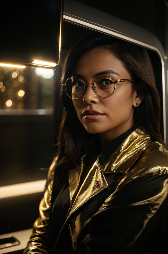 Tesla truck with gold diamonds glasses , 4:3, photo 12k resolution hash flash lighting, shot on ALEXA 65, Velvia 100 , underexposed, Voigtlnder Nokton 50mm f1.1, in the style of Martin Nikon Z 8 with Zoom Lens | with 24-120mm