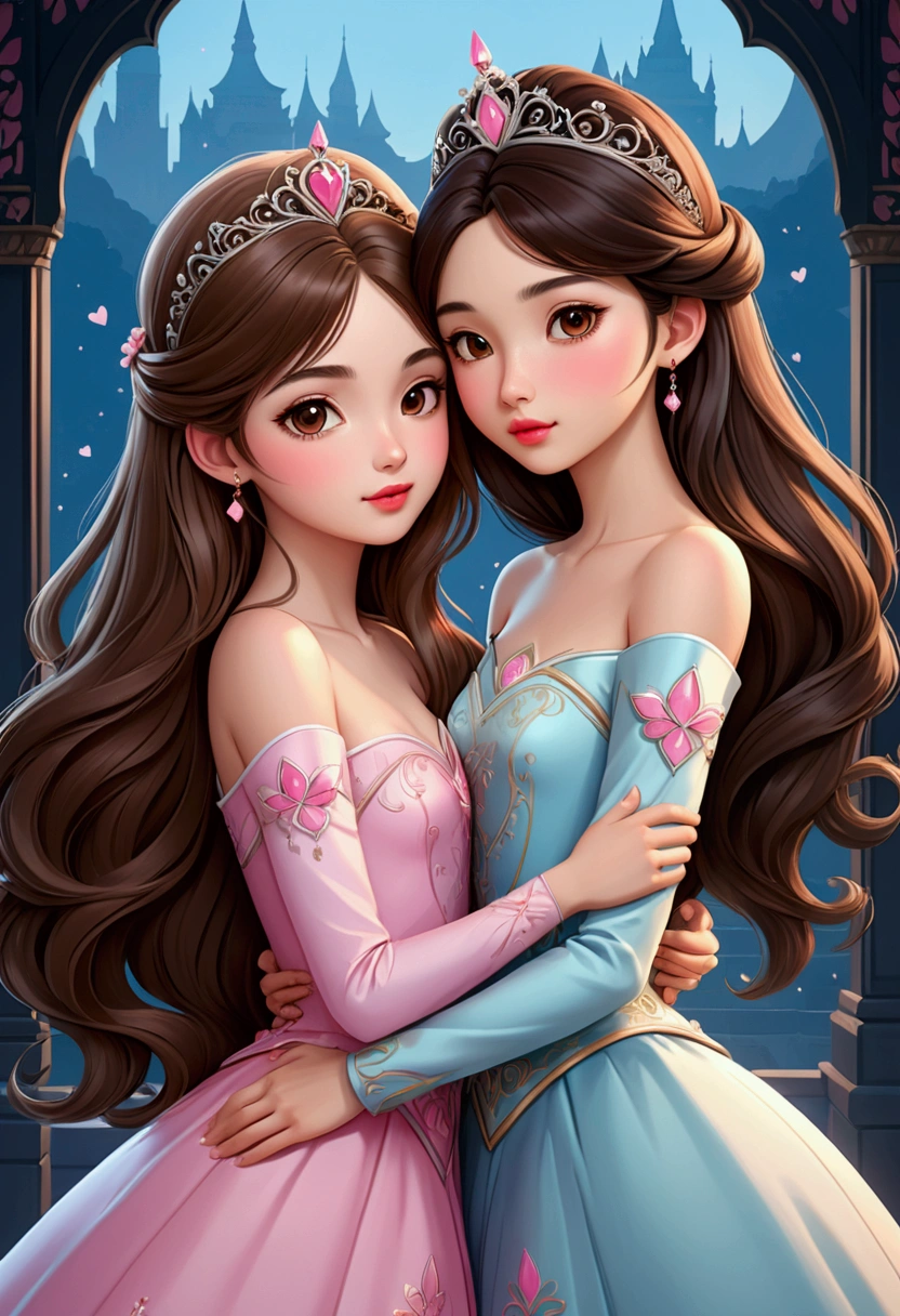 TWO beautiful young Sarak Kay style girls in love. One with semi-long brown hair, pink lips, delicate British features, and the other with long dark hair, with delicate Asian features, both hugging and dressed as princesses, illustration, 3d render, anime, sticker, poster, fashion, portrait photography