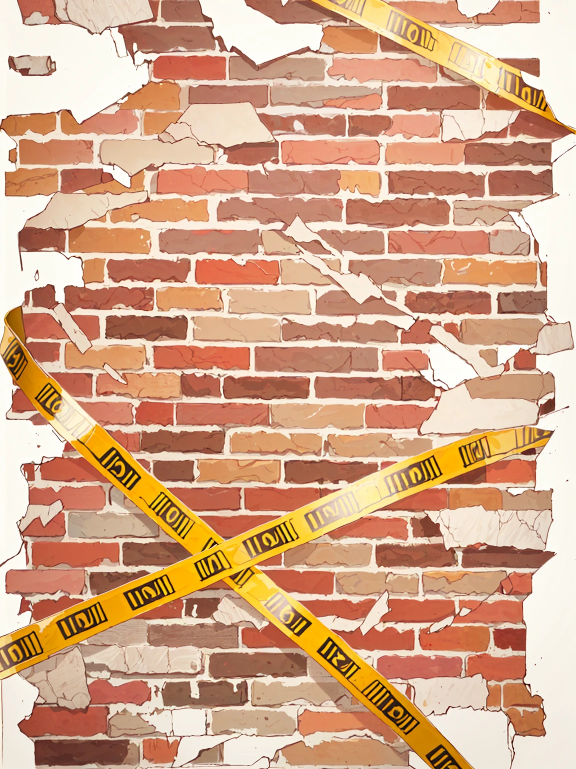 yellow tape is taped around a brick wall with a  sign, , 摇摇欲坠的brick石, brick wall, brick walls, brick wall background, brick, cracked brick wall, painted on a brick wall, brick debris, Graffiti _ background ( smokes ), cracked brick background, Danger, bricks, background artwork, brick wall texture, red bricks, firewall, artwork，Anime style，Detective Conan painting style