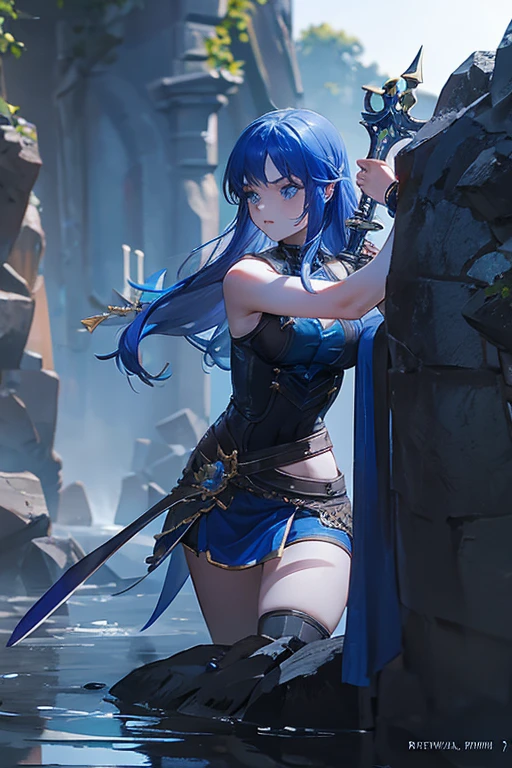 A deep blue-haired girl wields the Heavy Thrusting Swords from within the Elden Ring in a reverse grip.
