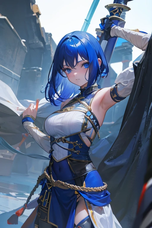 A deep blue-haired girl wields the Heavy Thrusting Swords from within the Elden Ring in a reverse grip.