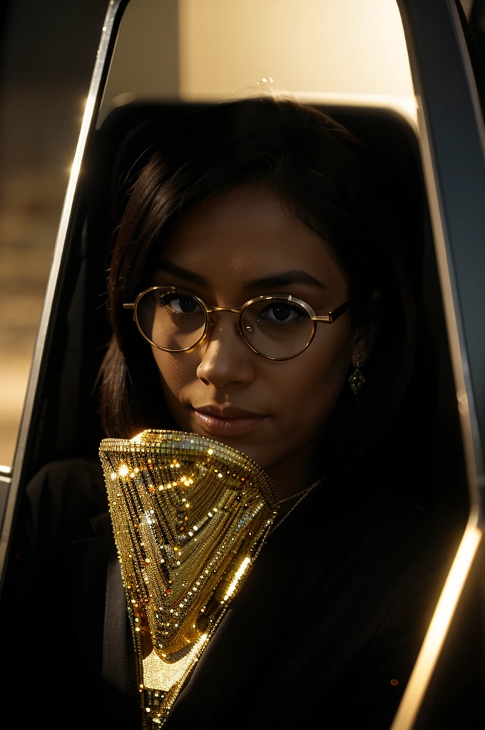 truck with gold diamonds glasses , 4:3, photo 12k resolution hash flash lighting, shot on ALEXA 65, Velvia 100 , underexposed, Voigtlnder Nokton 50mm f1.1, in the style of Martin Nikon Z 8 with Zoom Lens | with 24-120mm