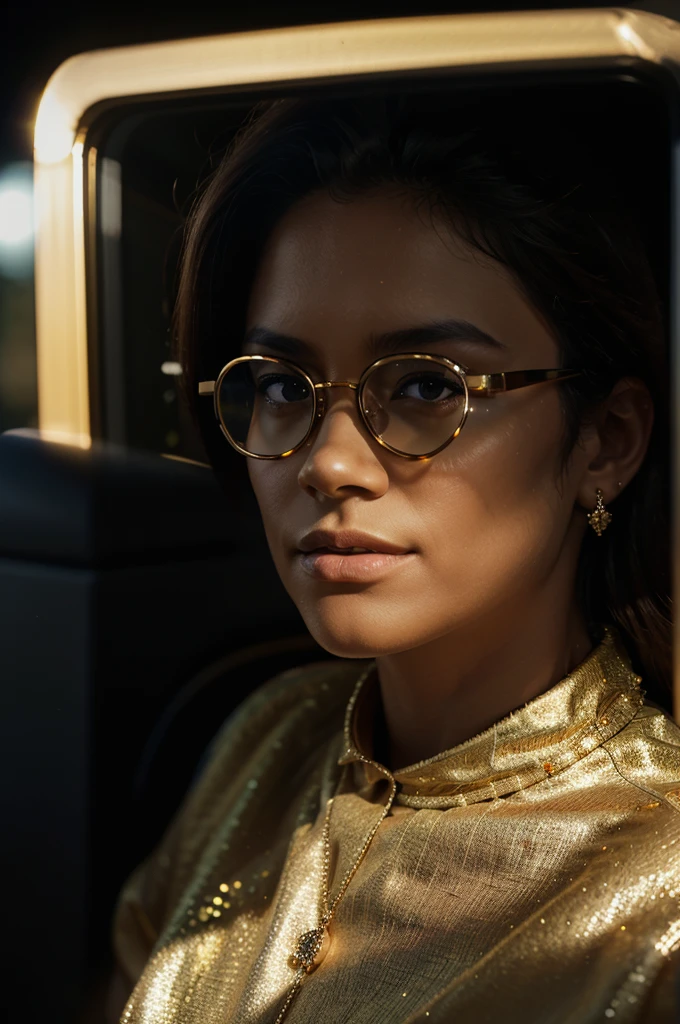 truck with gold diamonds glasses , 4:3, photo 12k resolution hash flash lighting, shot on ALEXA 65, Velvia 100 , underexposed, Voigtlnder Nokton 50mm f1.1, in the style of Martin Nikon Z 8 with Zoom Lens | with 24-120mm