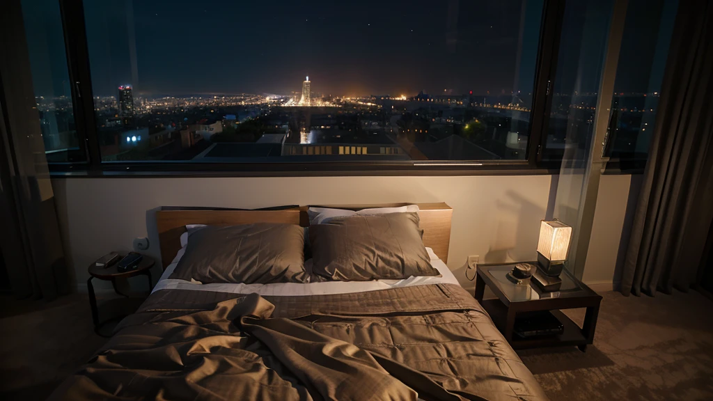 luxury modern bedroom night city view from a large windows
