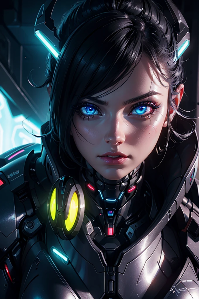 A futuristic cyborg woman, with detailed facial features, beautiful eyes and lips, long eyelashes, robotic mechanical body, Bright neon lights, advanced technology, cinematic lighting, dark atmospher, photorrealistic, 8K, highy detailed, conceptual artwork, digitalpainting.