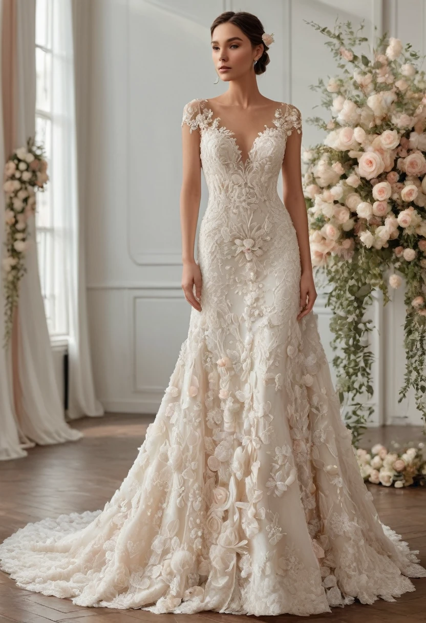 full-length ,wedding dress with plenty of details like 3D flowers, pearl beads, and fine lace. Using soft colors like ivory