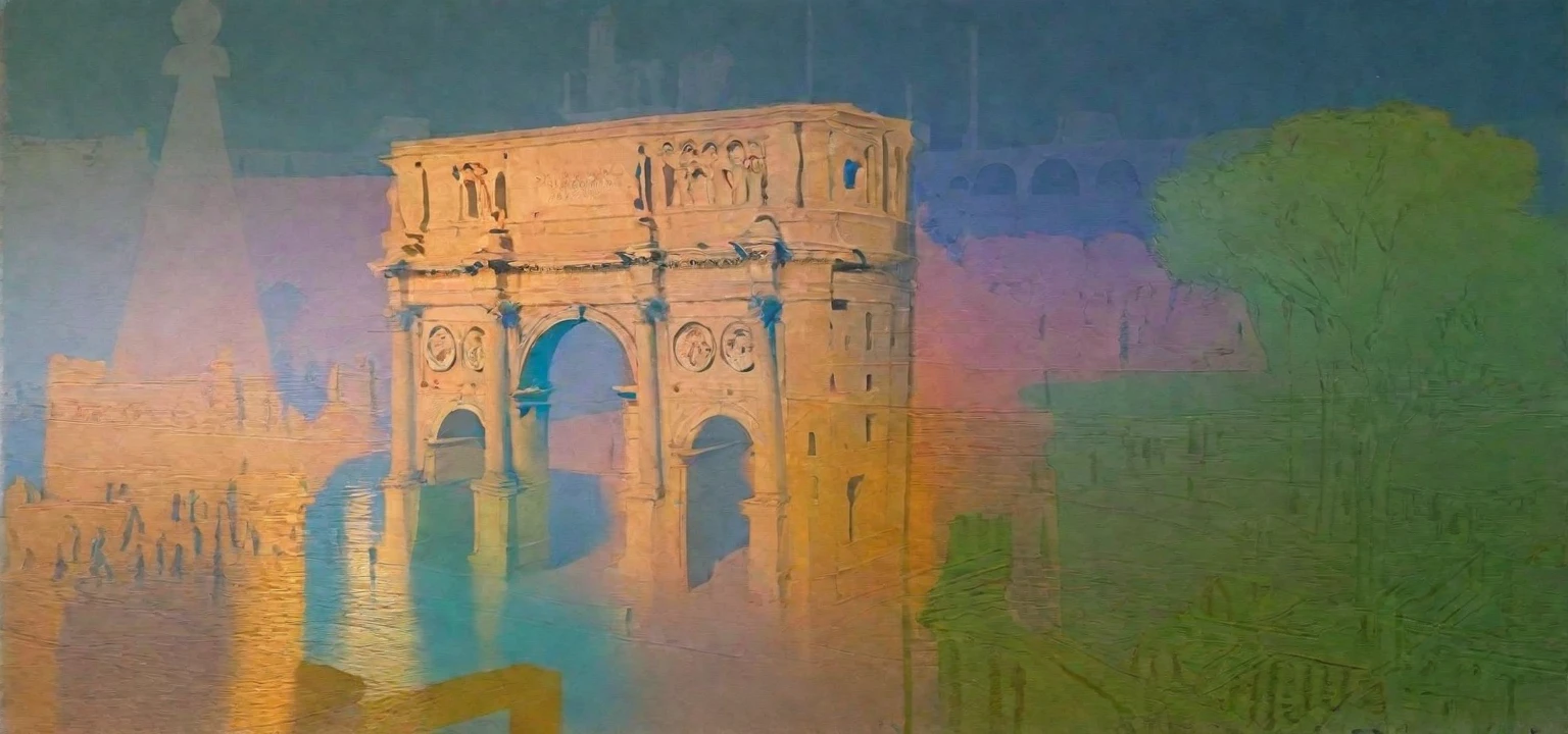 arafed view of a large building with a clock tower in the middle of it, by Tom Wänerstrand, colosseo, massive arch, rome backdrop, in a city with a rich history, 🪔 🎨;🌞🌄, rome in background, by Romano Vio, colosseum, eternal city, rome, ancient rome, by Pogus Caesar