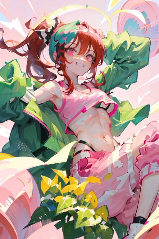 1girl, evil grin, red hair with pink dyed tips(messy ponytail), pink eyes, wearing small green crop top, underboob pink sports bra, pink below hip sweatpants, green sneakers, absurdres, high res, ultra sharp, 8k, masterpiece, looking at viewer, posing