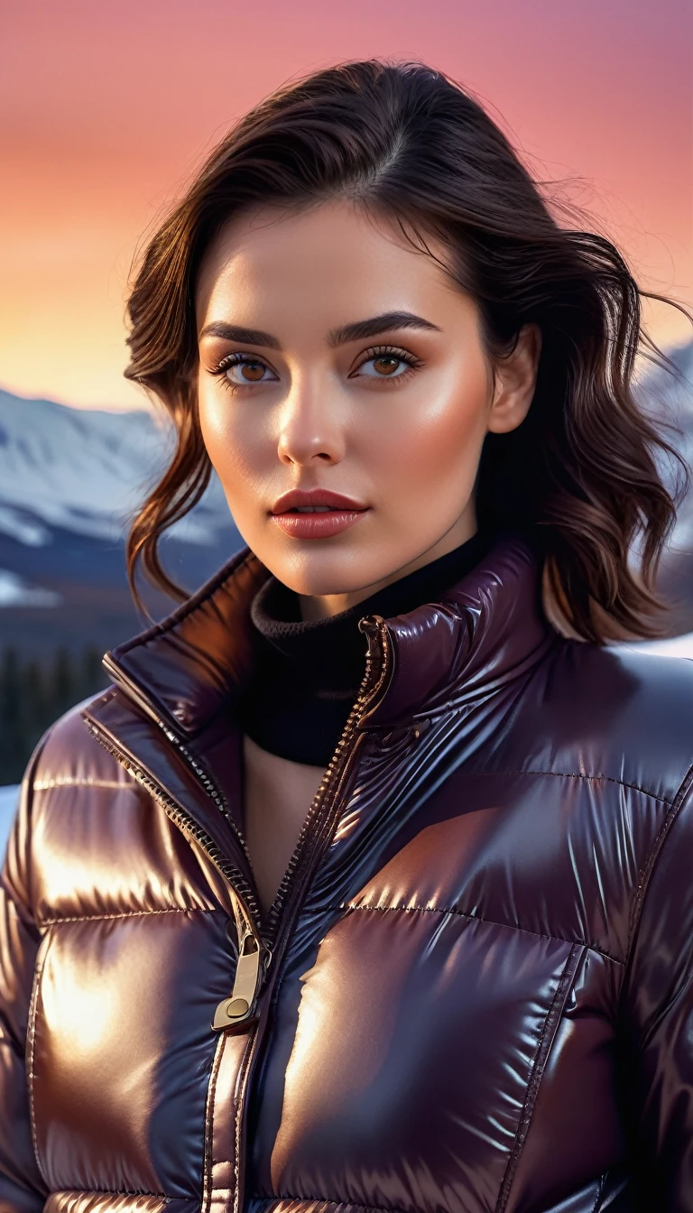 photorealism, upper body shot, a beautiful woman, (brown eyes) leather puffer down jacket & latex pants, leather choker, beautiful look, warm dreamy lighting, white background, volumetric lighting, Alaskan resort landscape sunset background, pulp adventure style, fluid acrylic, dynamic gradients, vivid color, highly detailed, simple, smooth and clean, smooth, character design, 3d shading, cinematic, ornate patterns, elegant organic framing, hyperrealism, posterized, collection of masterpieces, lush vivid colors, twilight, wet gouache