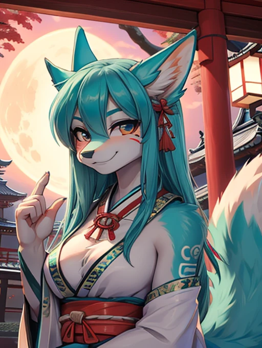 Miku Hatsune, add high definition_detail:1, blue fur,kitsune ears, tribal tattoo add_detail:1, showing off her beautiful figure, japanese shrine costume outfit, japanese magical shrine add_detail, Eclipse solar, smiling add_detail:1