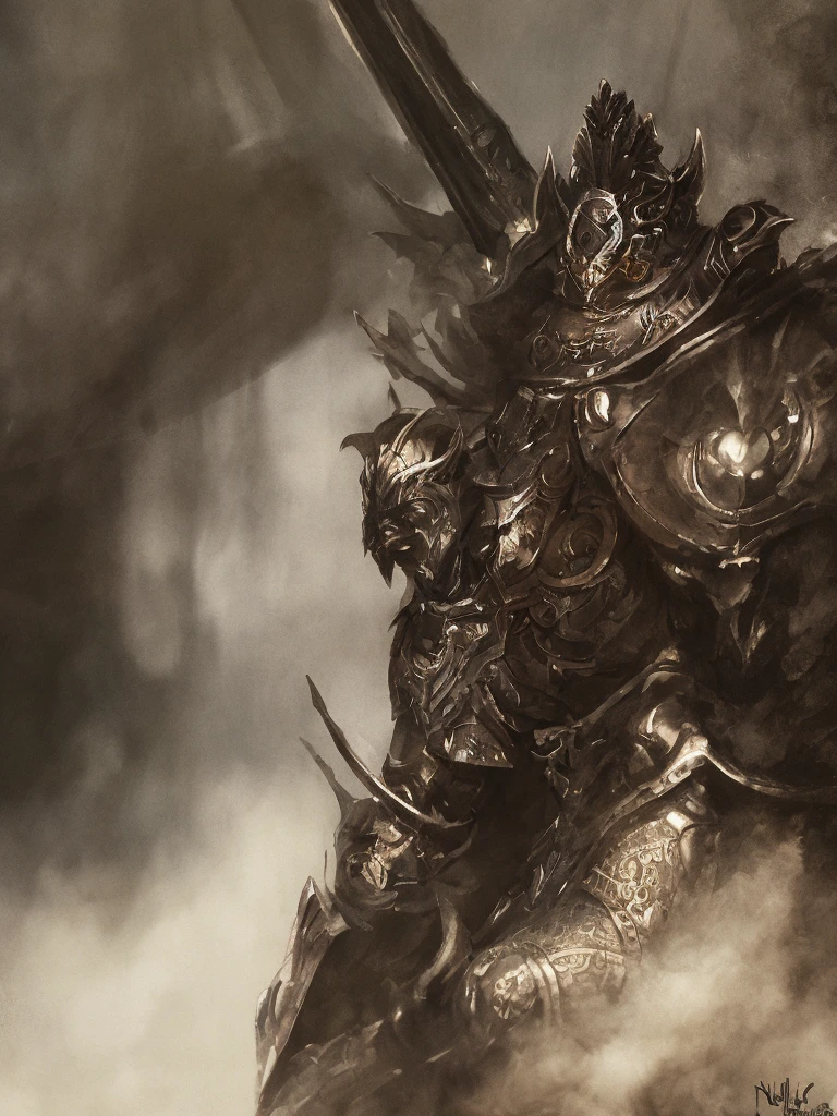Close-up of a handsome but creepy knight from hell, on a battlefield, wearing intricate dark armor, horror concept art, dark fairytale atmosphere, Johan Grenier style, Alyssa Monks style