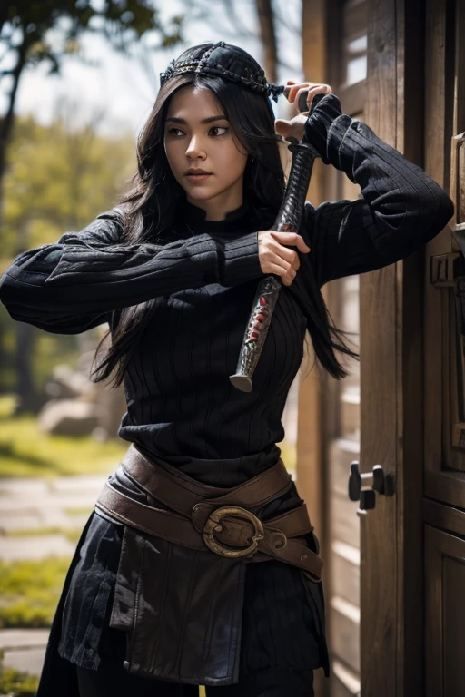 A black-haired girl wears viking helmet wields the Heavy Thrusting Swords from within the Elden Ring in a reverse grip.