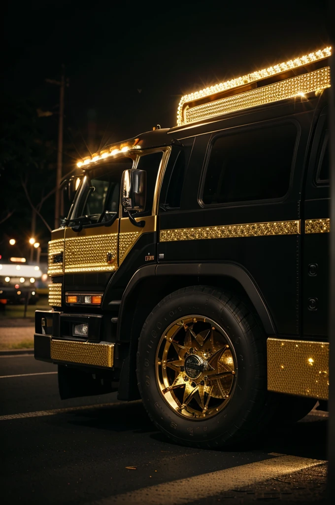 truck with gold diamonds rims , 4:3, photo 12k resolution hash flash lighting, shot on ALEXA 65, Velvia 100 , underexposed, Voigtlnder Nokton 50mm f1.1, in the style of Martin Nikon Z 8 with Zoom Lens | with 24-120mm