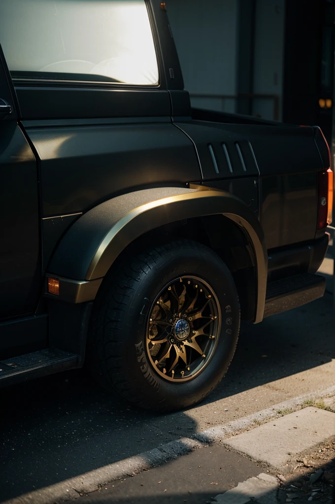 truck with gold diamonds rims , 4:3, photo 12k resolution hash flash lighting, shot on ALEXA 65, Velvia 100 , underexposed, Voigtlnder Nokton 50mm f1.1, in the style of Martin Nikon Z 8 with Zoom Lens | with 24-120mm