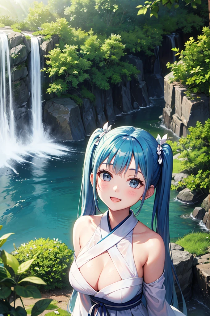 Sexy beauty,Beautiful Japanese Landscape、Big waterfall,Sunlight shines through the green leaves、The costume is a white dress、Light blue long hair、Beautiful girl with twin tails、Look up at the sky、Bright smile
