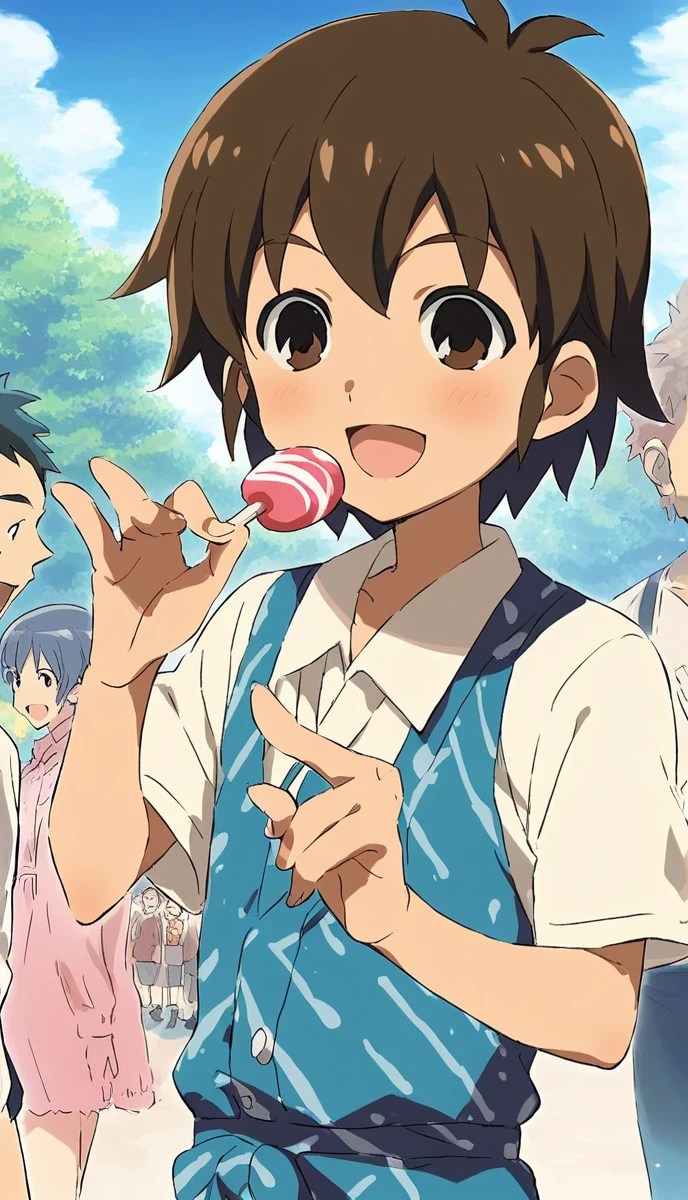  sauce_anime, 1peopleの***, Handa Shinichi, Brown Hair, Brown eyes,  Pause, smile, Put your hands on your hips, View your viewers, anime, 一peopleの***, Handa Shinichi, Brown Hair, Brown eyes, night、stop temporarily,cotton candy (background, ・色とりどりの花火が夏祭り会場のnight空を彩る. ・Fireworks soar high into the sky、night空を彩る. ・The summer festival scene is depicted with a focus on boys.. ● Stalls and stalls are lined up, そしてpeople々seems to be enjoying. ), (people, A man wearing a yukata stands under fireworks. Late teens to early twenties, -A man has a huge piece of cotton candy in her hand. ), (Four fingers and thumb:1.3), (cotton candy, ・((The man is holding her face size over cotton candy:1.3), (massive size cotton candy:1.5)). ・cotton candyは真っ白でふわふわ, It smells sweet when you put it in your mouth. ), Open your mouth:1.25, (expression, ・The man is eating cotton candy with relish. The boy has a smile of satisfaction on his face.. ),Blue yukata