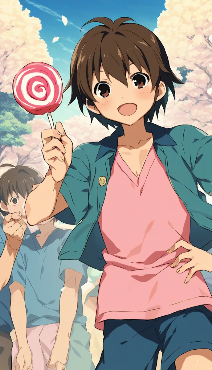  sauce_anime, 1peopleの男の子, Handa Shinichi, Brown Hair, Brown eyes,  Pause, smile, Put your hands on your hips, View your viewers, anime, 一peopleの男の子, Handa Shinichi, Brown Hair, Brown eyes, night、stop temporarily,cotton candy (background, ・色とりどりの花火が夏祭り会場のnight空を彩る. ・Fireworks soar high into the sky、night空を彩る. ・The summer festival scene is depicted with a focus on boys.. ● Stalls and stalls are lined up, そしてpeople々seems to be enjoying. ), (people, A man wearing a yukata stands under fireworks. Late teens to early twenties, -A man has a huge piece of cotton candy in her hand. ), (Four fingers and thumb:1.3), (cotton candy, ・((The man is holding her face size over cotton candy:1.3), (massive size cotton candy:1.5)). ・cotton candyは真っ白でふわふわ, It smells sweet when you put it in your mouth. ), Open your mouth:1.25, (expression, ・The man is eating cotton candy with relish. The boy has a smile of satisfaction on his face.. ),Blue yukata