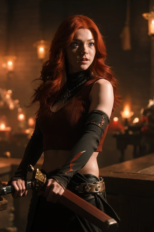 A red-haired girl wields the Heavy Thrusting Swords from within the Elden Ring in a reverse grip.