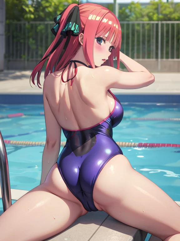 best quality, insanely detailed, nino nakano, one piece swimsuit, breasts, blush, Spread legs, swimming pool, back style