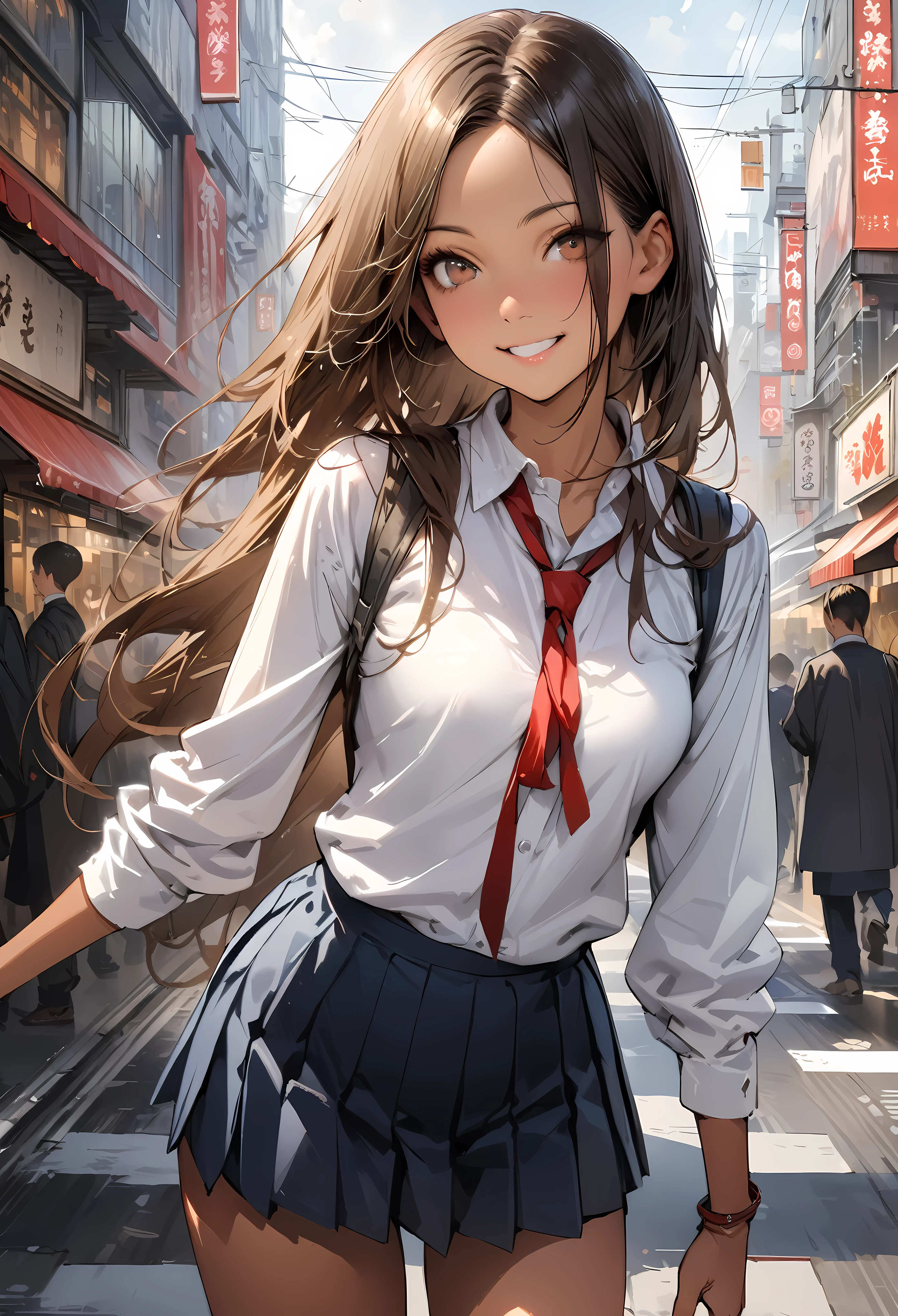 ((masterpiece,Highest quality:1.3,best quality illustration,realistic:1.4)),cowboy shot,solo,1woman,(18-year-old、Japanese Beauty)、brown hair,long hair,(center parted bangs),brown eyes,gorgeous eyes,((very small head:1.3)),smile,,((very long body:1.2,skinny)),medium breasts,(tan skin:1.5),(School student uniform、Red ribbon tie、White collared shirt、Long sleeve navy blue pleated mini skirt),gleaming skin,toned body,slender body,on street,Shibuya Station、