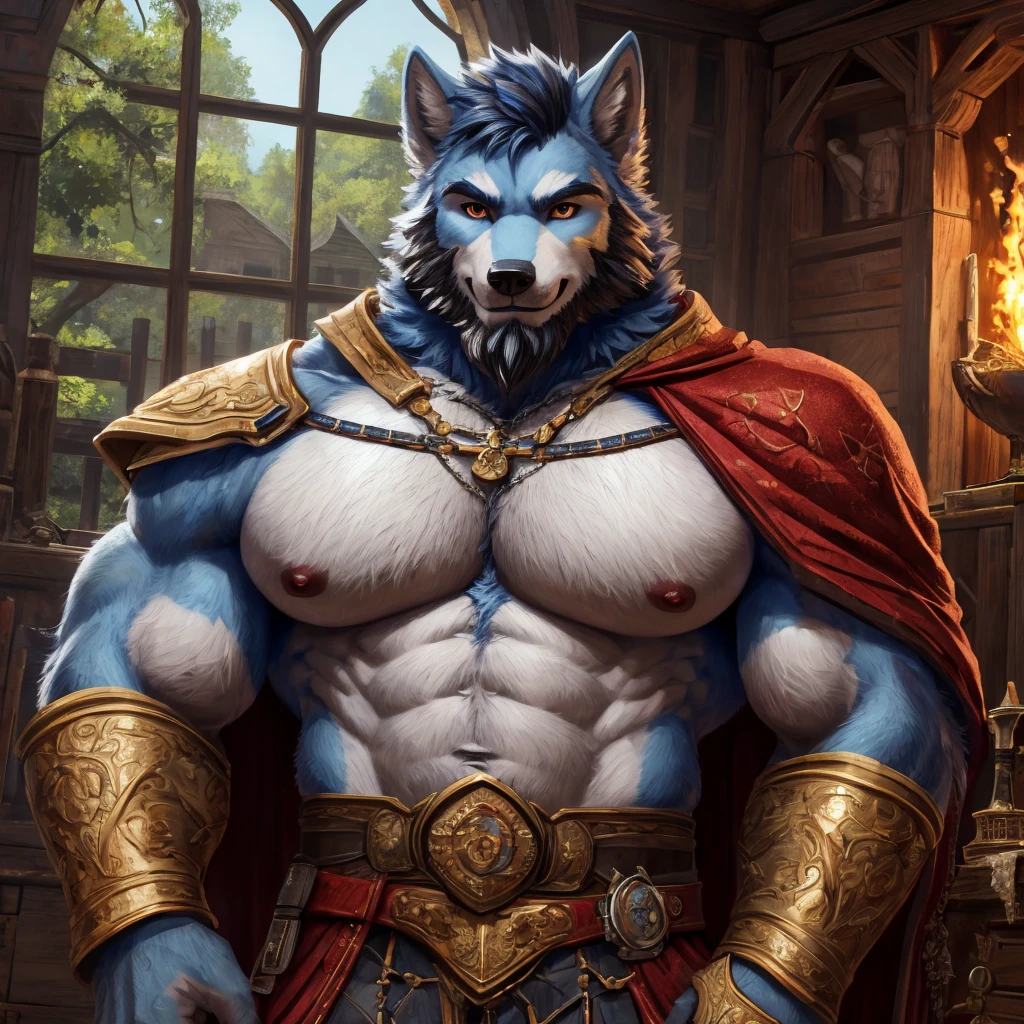 ((best quality)), ((masterpiece)), (Ultra detailed), ((4k)) Solo , Anthro Wolf , Light Blue Fur , Short Hair , Beard , Middle Ages , Big Pecs