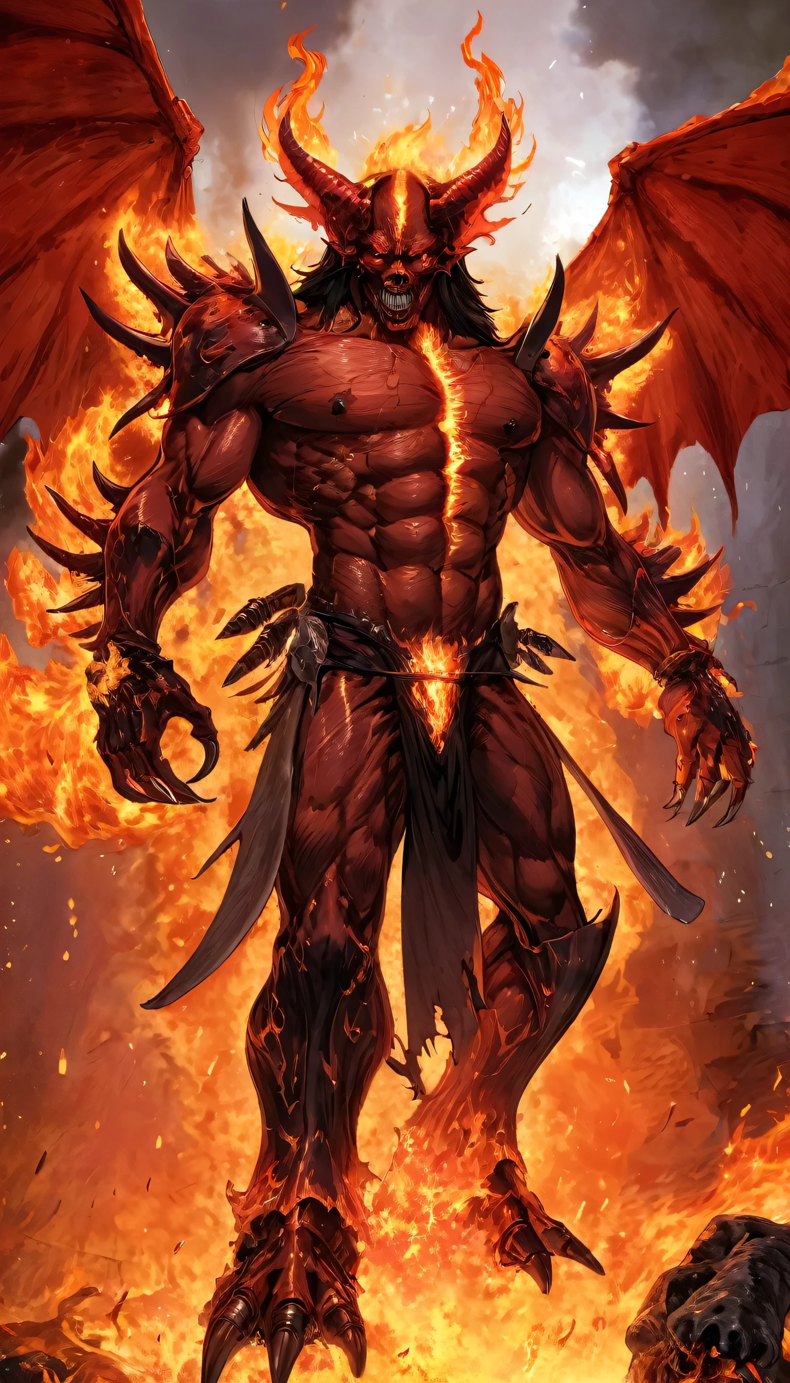 BOSS FIGHT,the Great Devil,Pit Fiend, Masterpiece, ultraclear, extreme height detail, slash wound on chest, mace in hand raised over head, flaming wings, background on fire