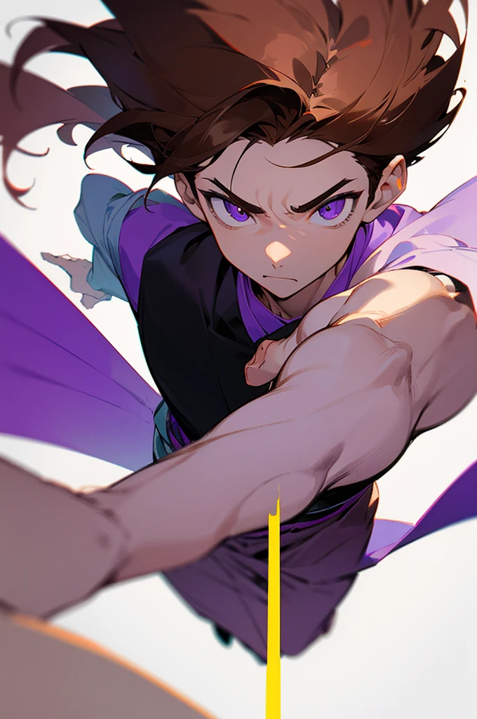 Develop a Japanese-style drawing, characterized by characteristic feature and visual simplicity. The drawing depicts a young male, that exudes confidence and leadership. He is wearing a purple shirt and has purple pupils, with brown hair. Use shading to add depth and texture to the scene, emphasizing the emotional gravity of the moment. The background should be simple, highlighting the character in the center of the composition. Make sure you capture the essence of the character&#39;s dominant and charismatic personality through pose and facial expression..