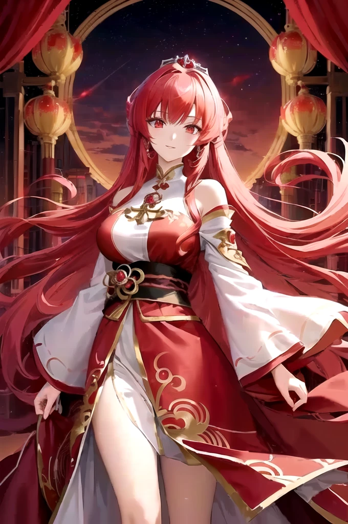 anime - style image of a woman in a red dress with long red hair, keqing from genshin impact, ((a beautiful fantasy empress)), anime goddess, cushart krenz key art feminine, a beautiful fantasy empress, ayaka genshin impact, red haired goddess, zhongli from genshin impact, wearing gilded red robes