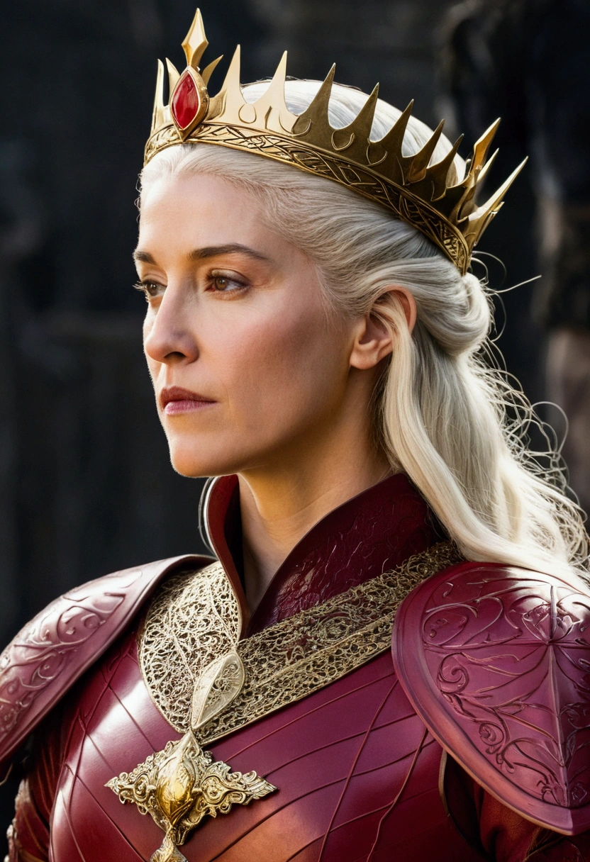 Princess Rhaenys Targaryen in her red armor played by Eve Best in side view with the golden crown of Viserys Targaryen on her head
