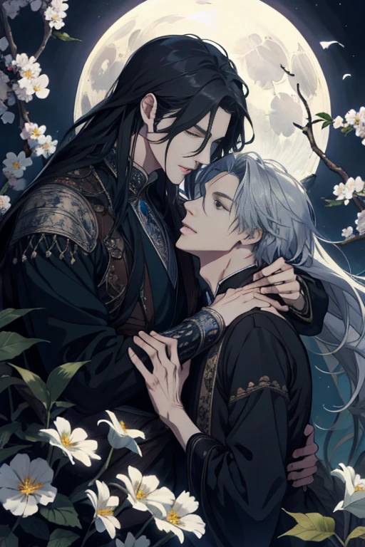 Two men...., Charm, lover, Detailed eyes and face, Long-haired, Fantasy, Great background, Flapping flowers, Moonlight, Fantasy