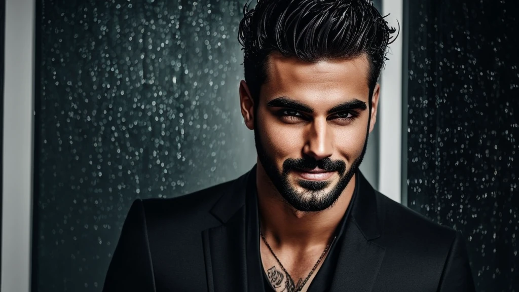 Create a dark, handsome man with a loud sarcastic smile wearing a black suit, well-combed hair with piercing gaze, it's in the middle of the night, a gloomy and rainy night