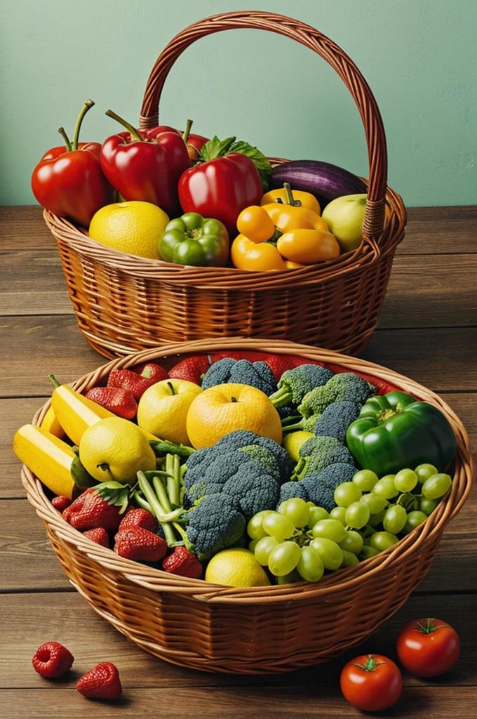acrylic painting showing a basket lying on a table. The basket should contain fruits and vegetables, with some fruits and vegetables fallen on the table and others still inside the basket