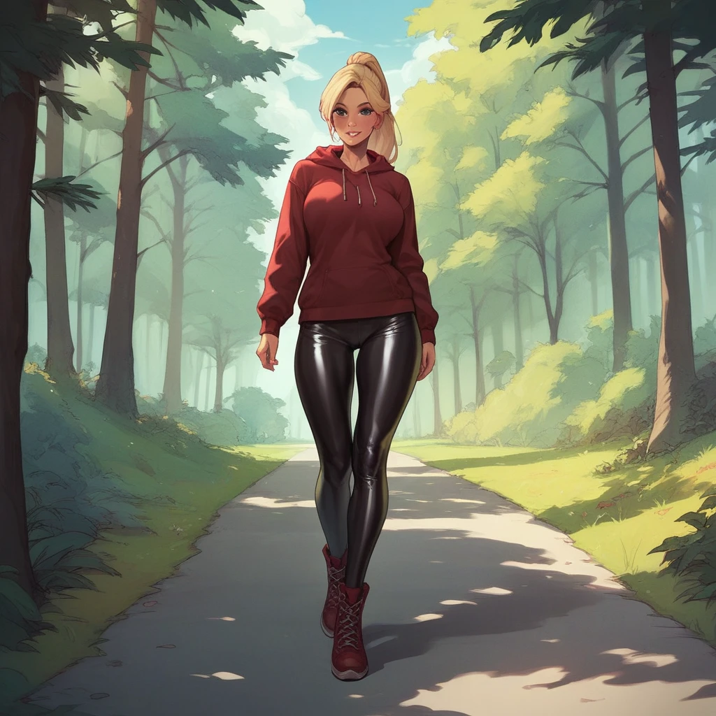 girl (Busty blonde) tight black leather leggings and a black hoodie,red hunter wellies, ponytail hair, standing on on road in the forest, don't show your face, big ass, Focused on the whole body from behind., standing, looking in front of her naked