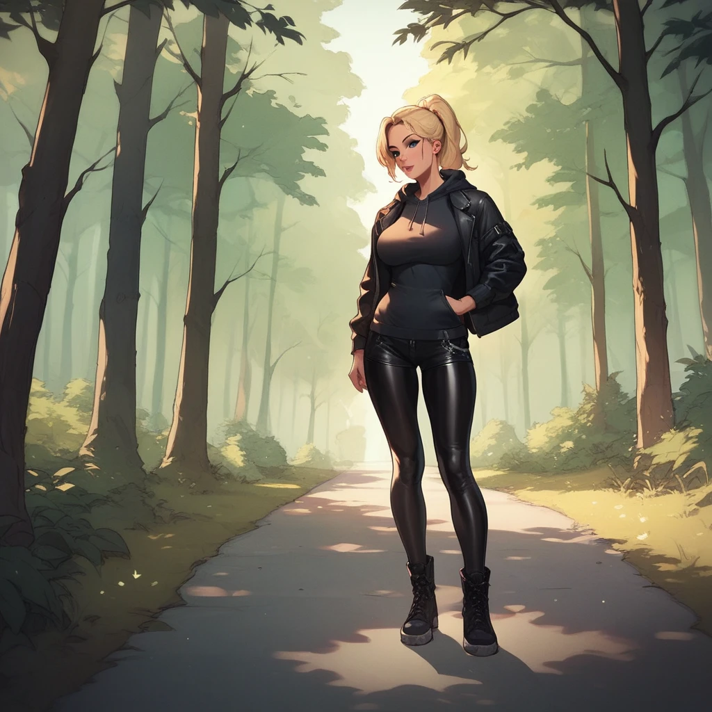 girl (Busty blonde) tight black leather leggings and a black hoodie,red hunter wellies, ponytail hair, standing on on road in the forest, don&#39;t show your face, big ass, Focused on the whole body from behind.,  standing, looking in front of her naked 