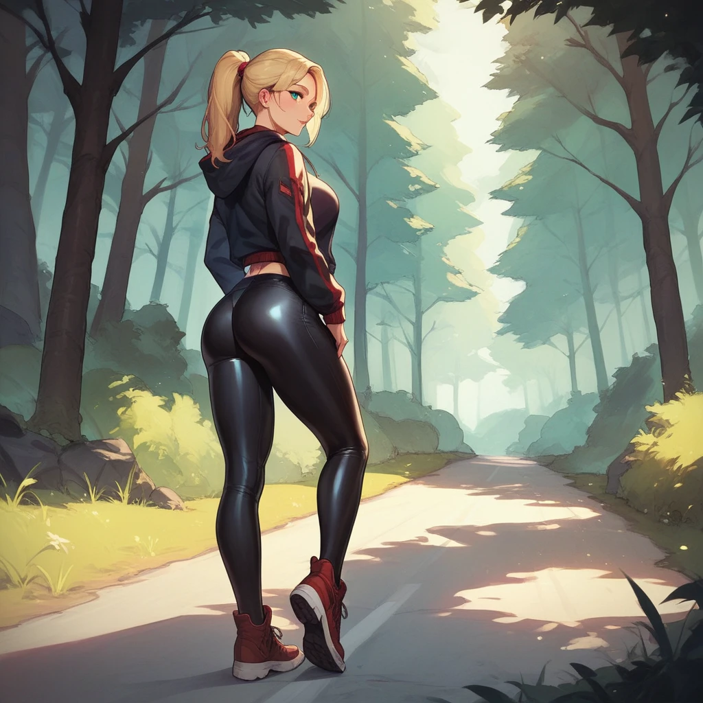 girl (Busty blonde) tight black leather leggings and a black hoodie,red hunter wellies, ponytail hair, standing on on road in the forest, don&#39;t show your face, big ass, Focused on the whole body from behind.,  standing, looking in front of her naked 